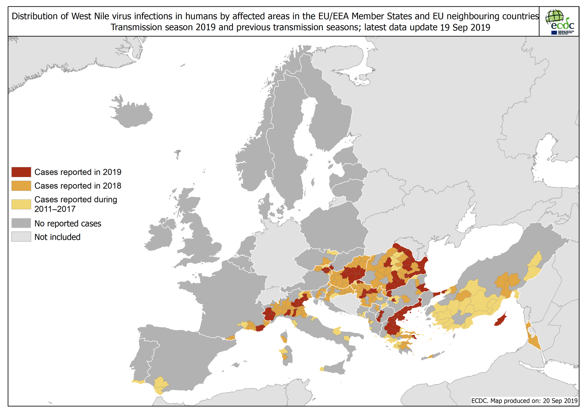 West Nile virus in Europe in 2019 - human cases compared to previous seasons, updated 20 September