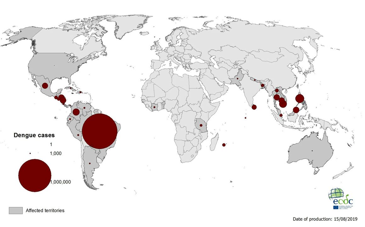 Dengue cases worldwide 15 August 2019