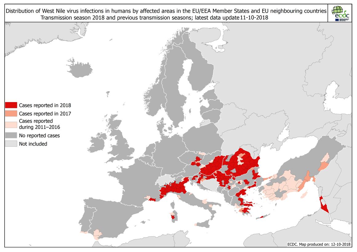 West Nile fever in Europe in 2018 - human cases compared to the previous season; updated 12 October