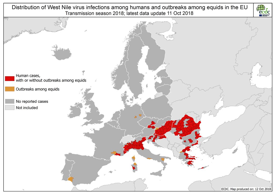 West Nile fever in Europe in 2018 - human and equine cases; updated 12 October