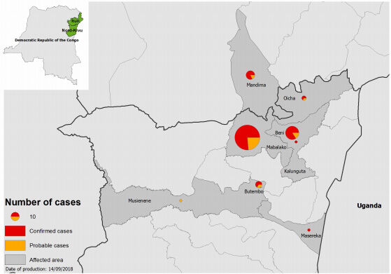 Map of Ebola outbreak, in North Kivu and Ituri, DRC