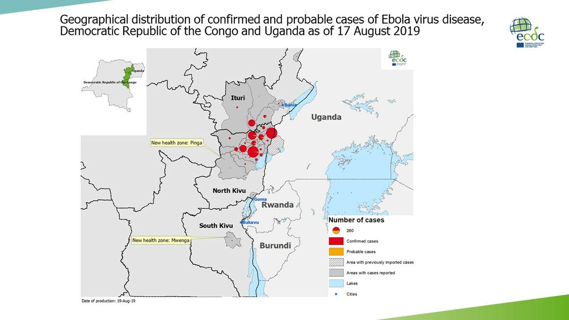 Geographical distribution of confirmed and probable cases of Ebola virus disease, Democratic Republic of the Congo and Uganda as of 17 August 2019