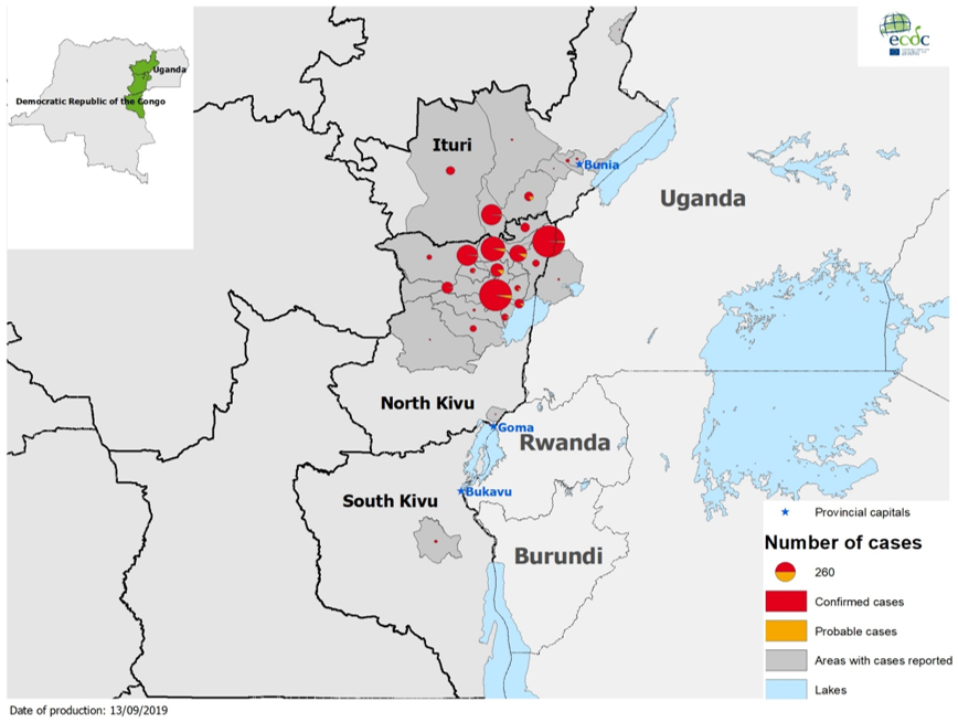 Map, Ebola in DRC and Uganda, latest update: 11 September 2019