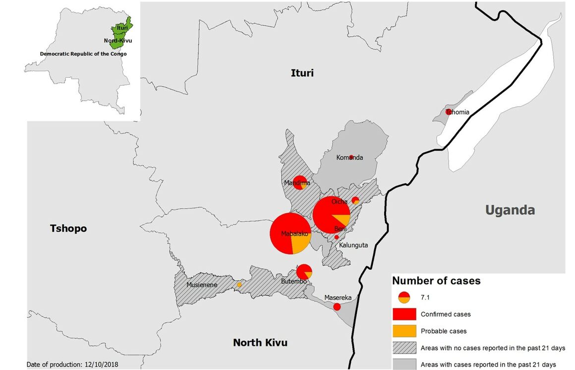 Map of Ebola outbreak, in North Kivu and Ituri, DRC, 10 October 2018