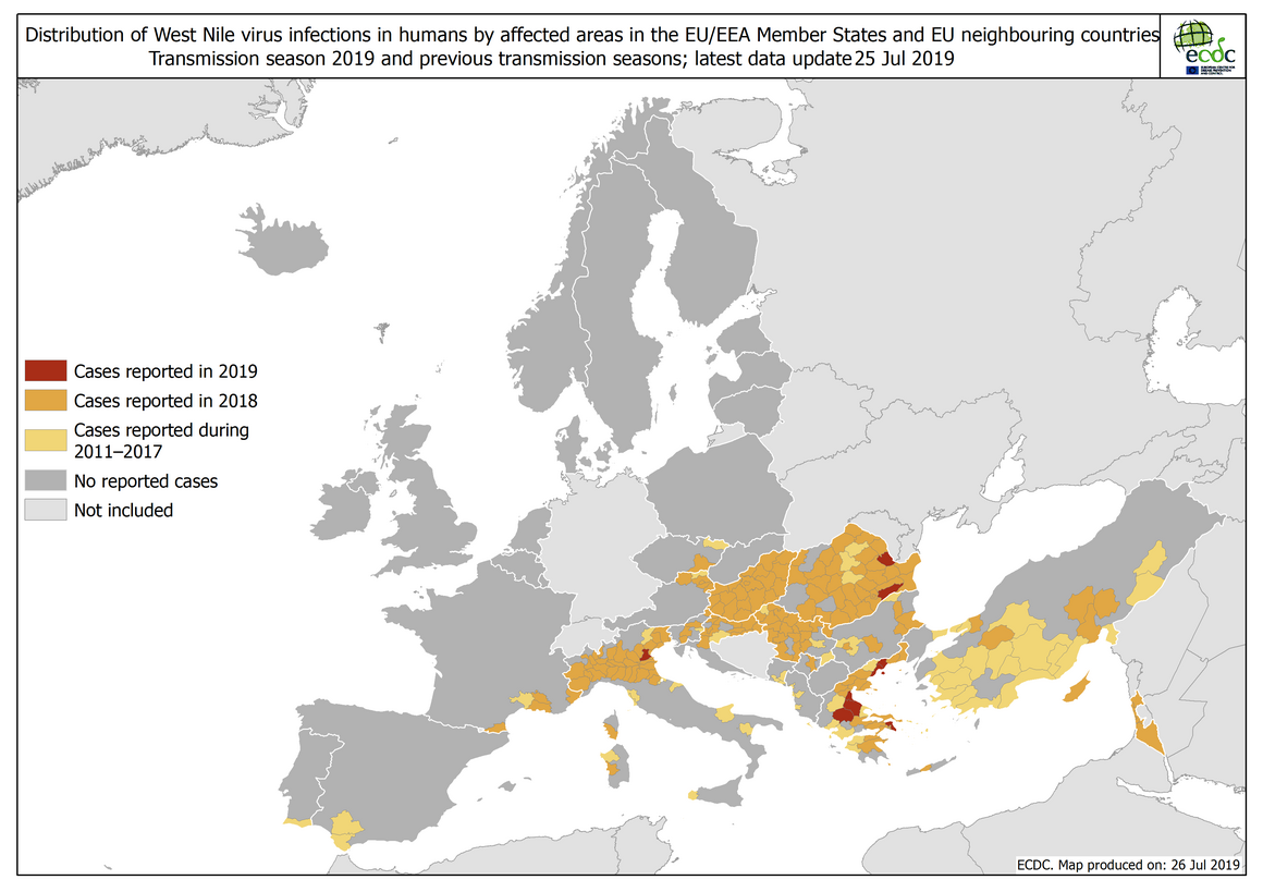West Nile virus in Europe in 2019 - human cases compared to previous seasons, updated 25 July