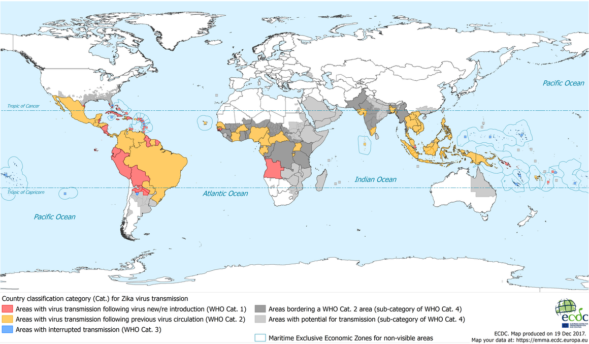 Current Zika transmission - worldwide, 21 December 2017
