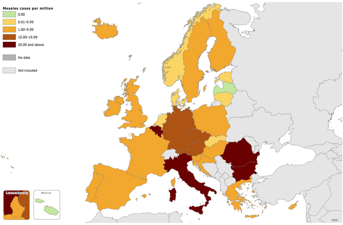 Measles notification rate per million population by country, 1 July 2016 - 30 June 2017 EU/EEA countries