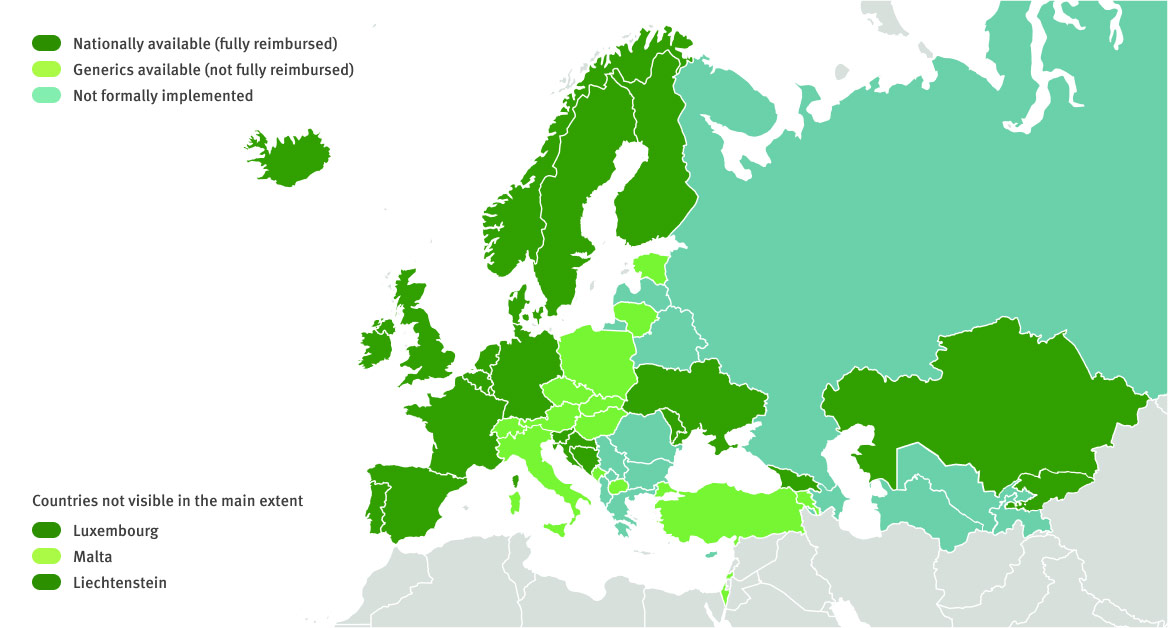 Coloured map of Europe - Status of the formal implementation of PrEP in the WHO European Region, 2021