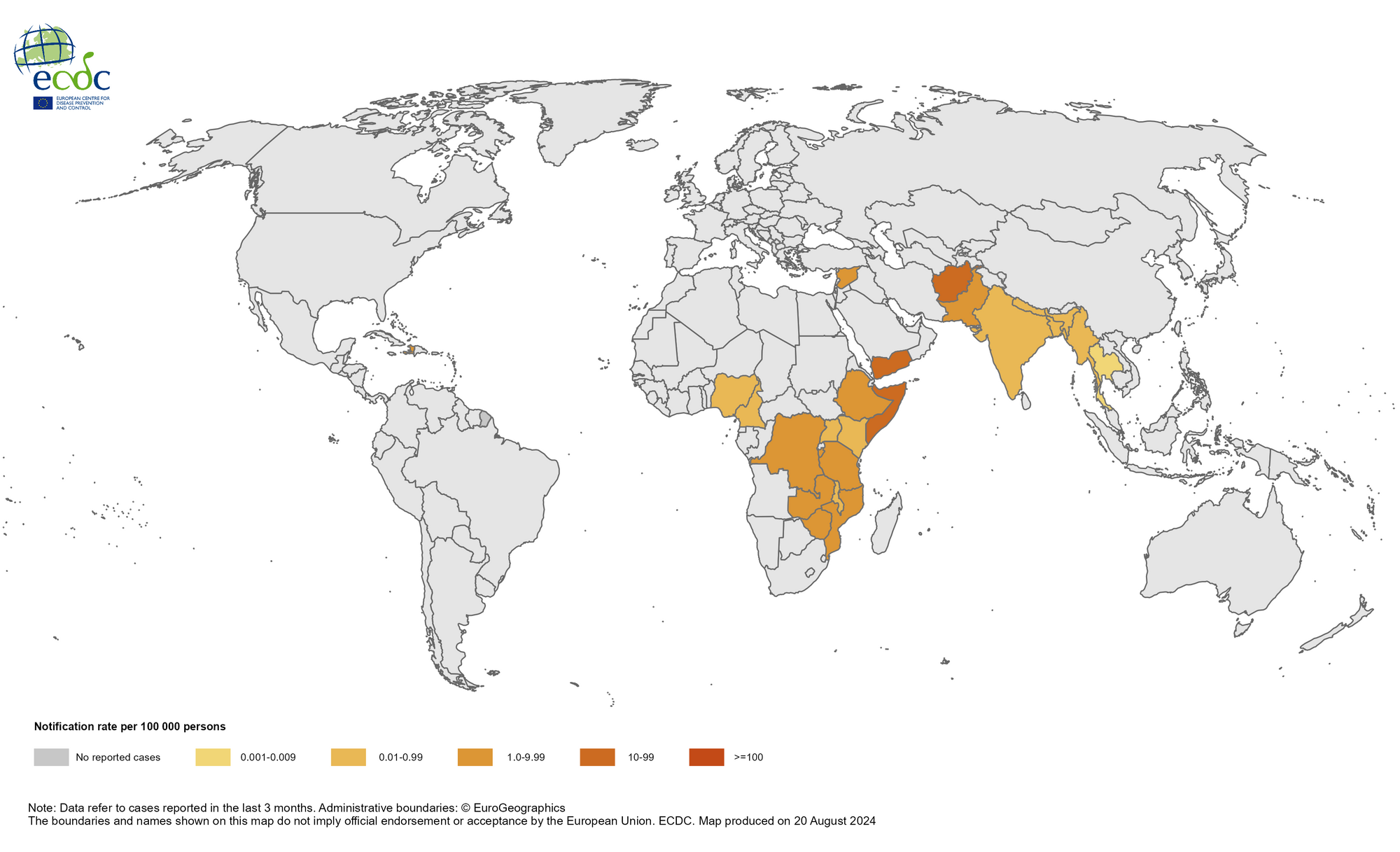 Geographical distribution of cholera cases reported worldwide from May to July 2024