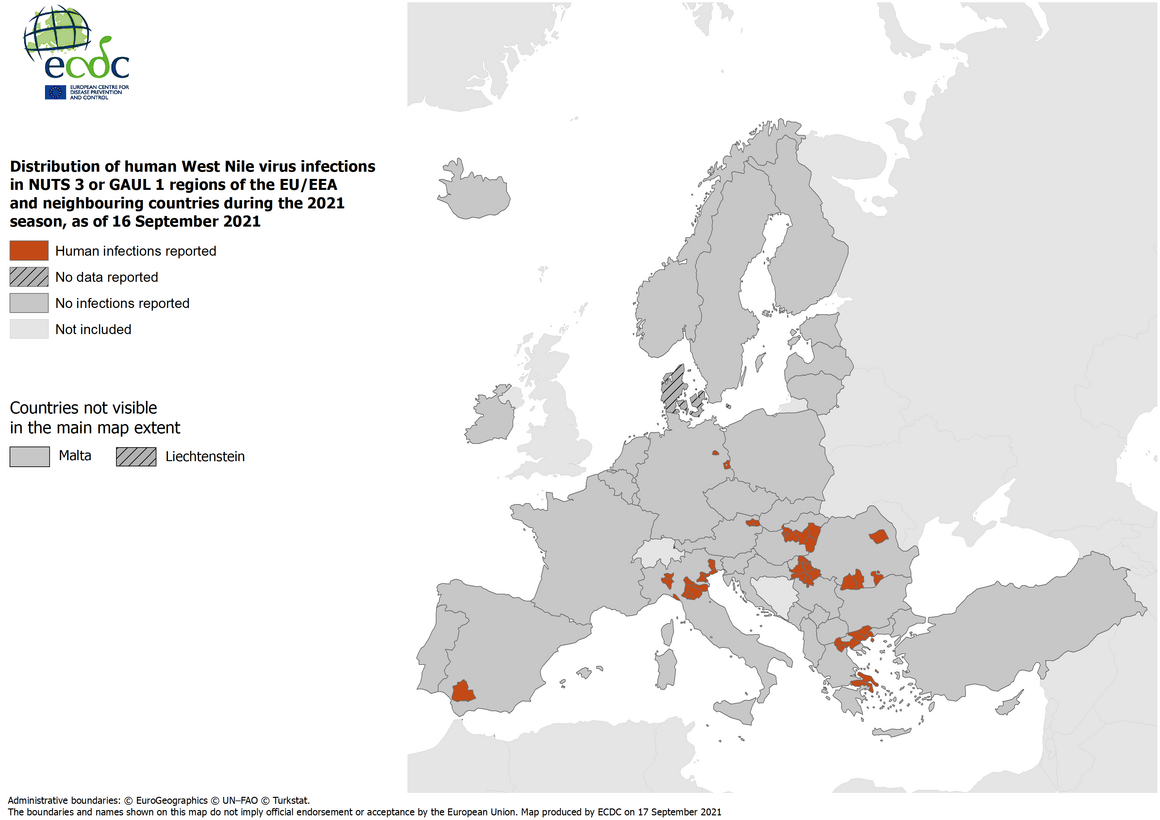 West Nile virus in Europe in 2021 - human cases, updated 16 September 2021