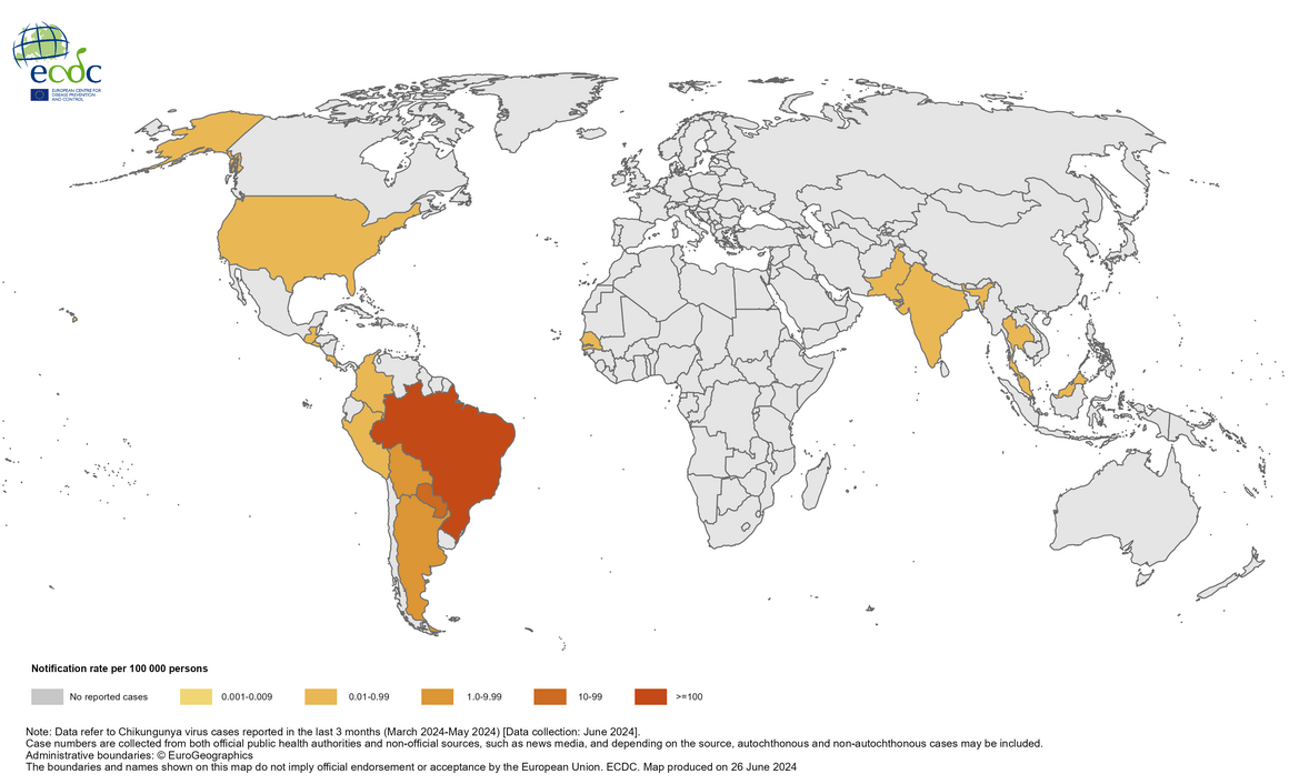 Three-month Chikungunya virus disease case notification rate per 100 000 population, March-May 2024