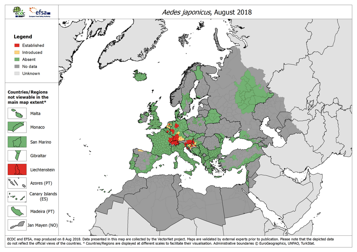 Map showing the current known distribution of Aedes japonicus mosquitoes in Europe as of August 2018