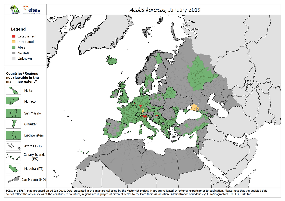 Aedes koreicus - current known distribution: January 2019