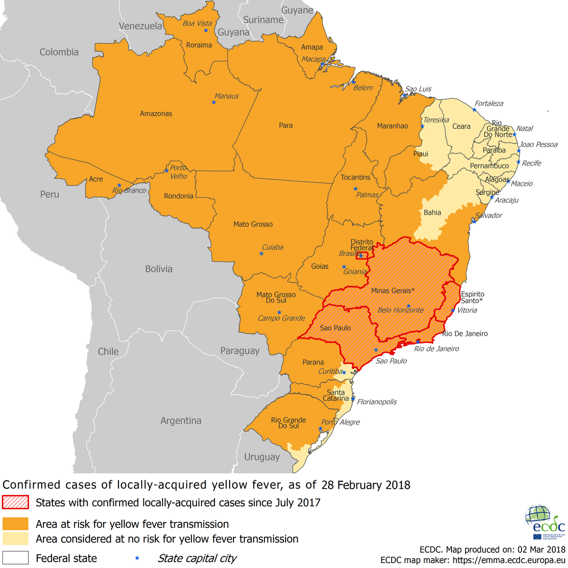 Yellow fever cases in Brazil, 28 February 2018
