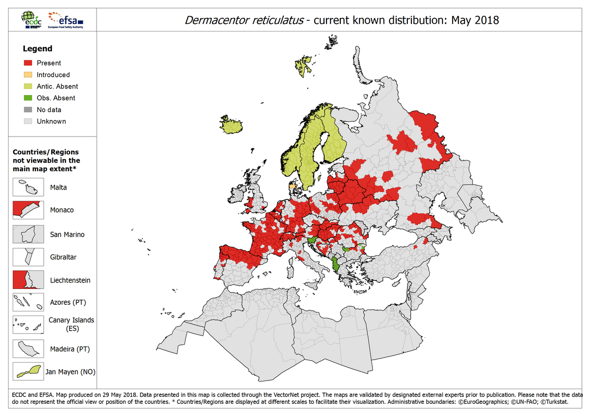 Map showing the current known distribution of Dermacentor reticulatus ticks in Europe as of May 2018