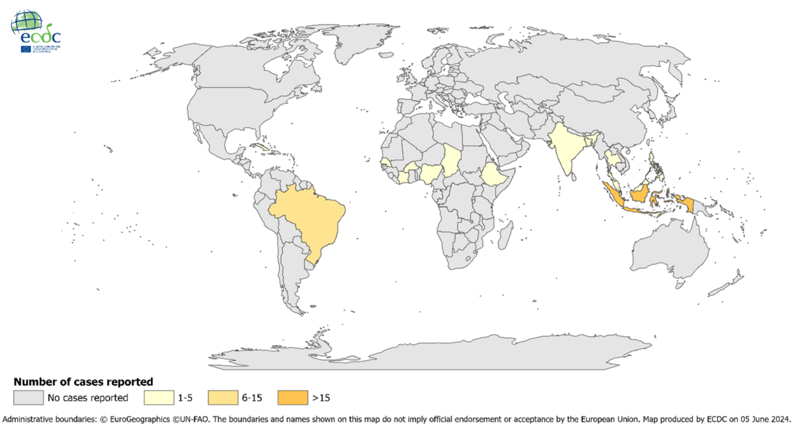 Distribution of travel-associated chikungunya cases by place of infection, 2022 