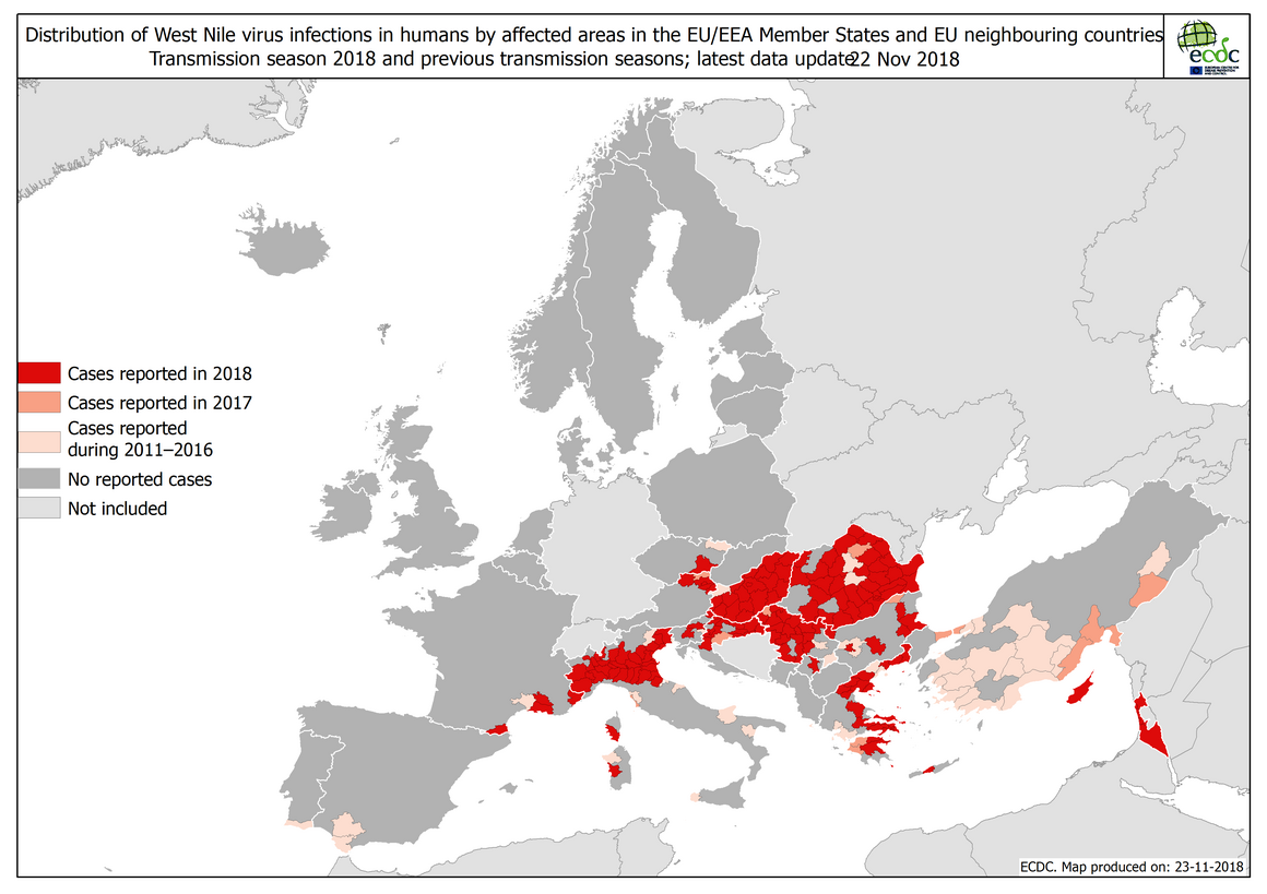 West Nile fever in Europe in 2018 - human cases compared to previous seasons, updated 23 November