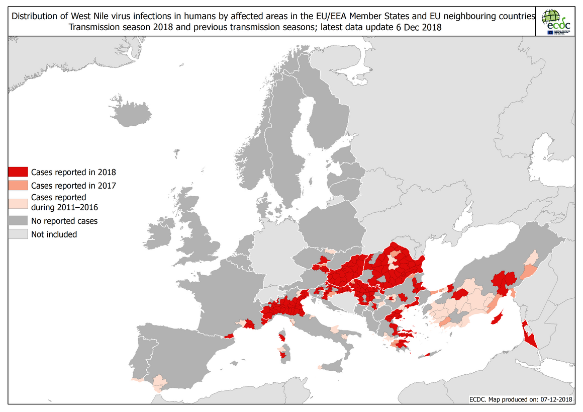 West Nile fever in Europe in 2018 - human cases compared to previous seasons, updated 7 December