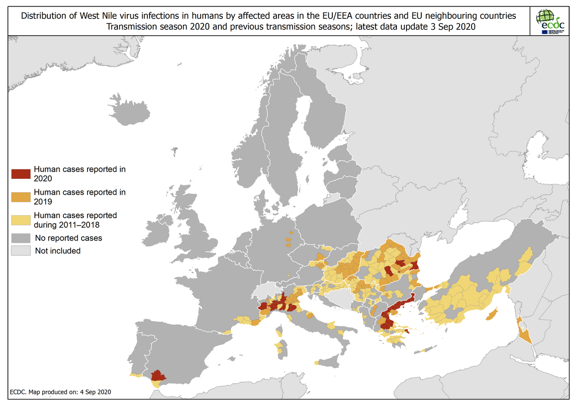 West Nile virus in Europe in 2020 - human cases compared to previous seasons, updated 3 September 2020