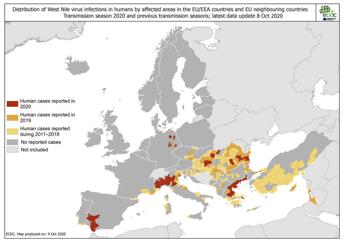 West Nile virus in Europe in 2020 - human cases compared to previous seasons, updated 8 October 2020