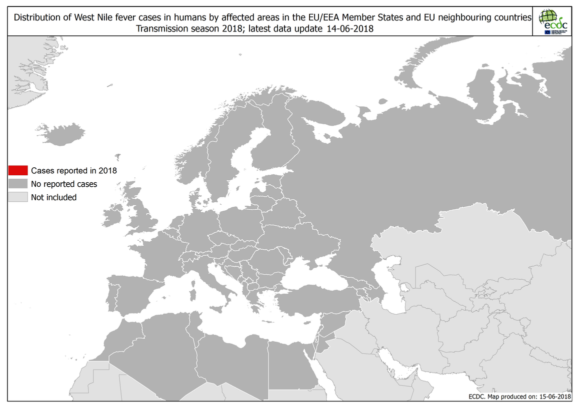 Map: West Nile fever in Europe in 2018 - human cases; updated 14 June