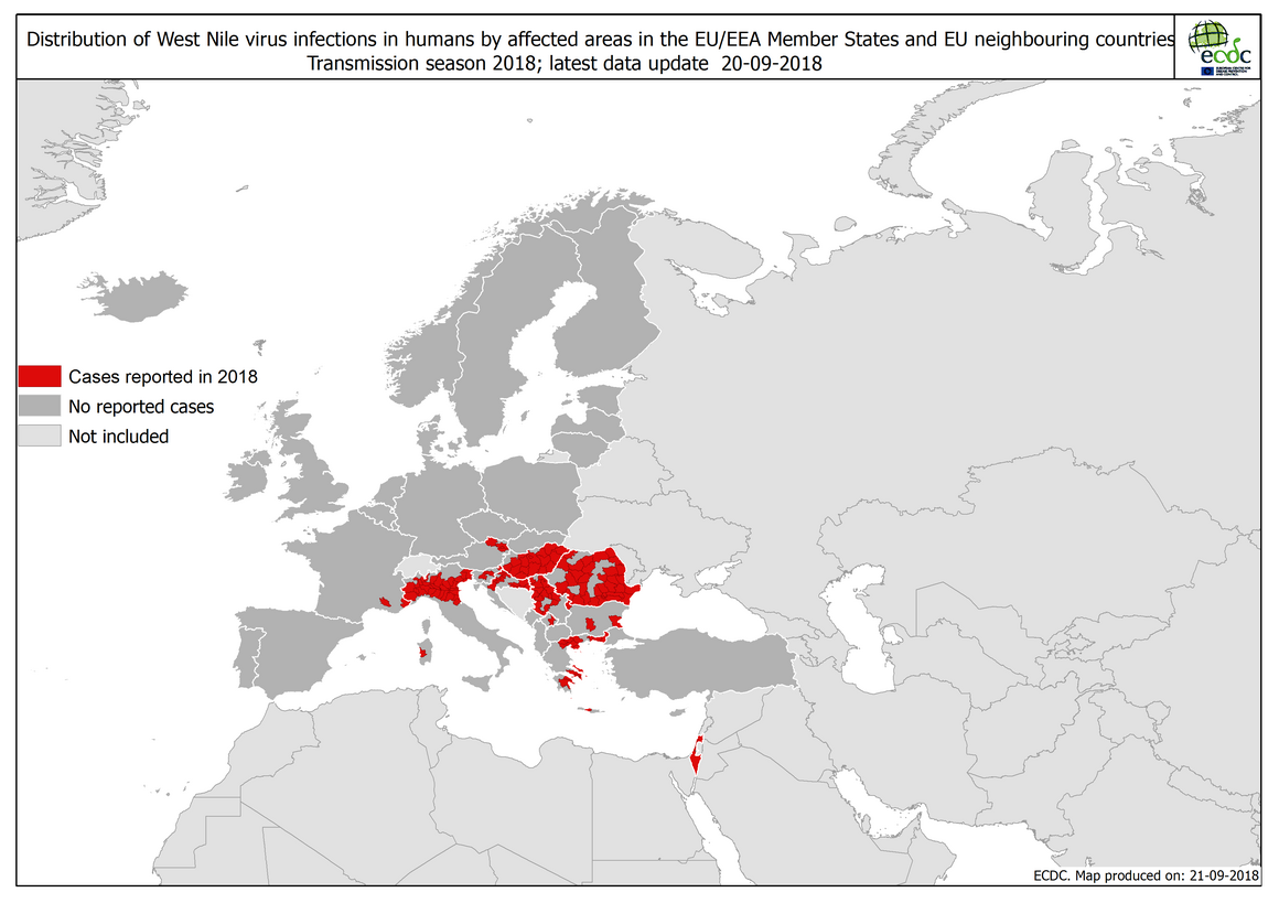 West Nile fever in Europe in 2018 - human cases; updated 21 September