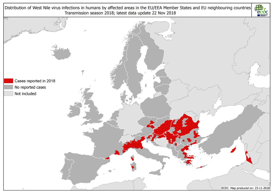West Nile fever in Europe in 2018 - human cases, updated 23 November