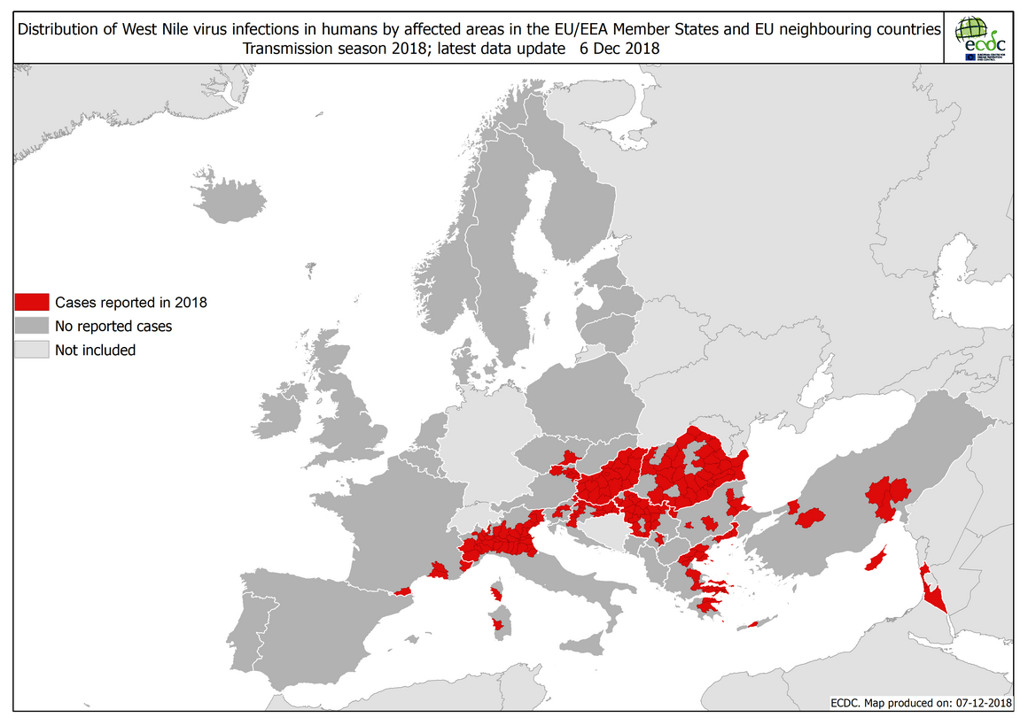 West Nile fever in Europe in 2018 - human cases, updated 7 December