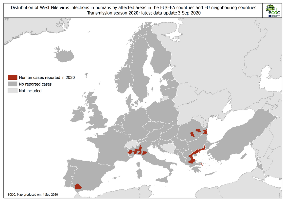 West Nile virus in Europe in 2020 - human cases, updated 3 September 2020