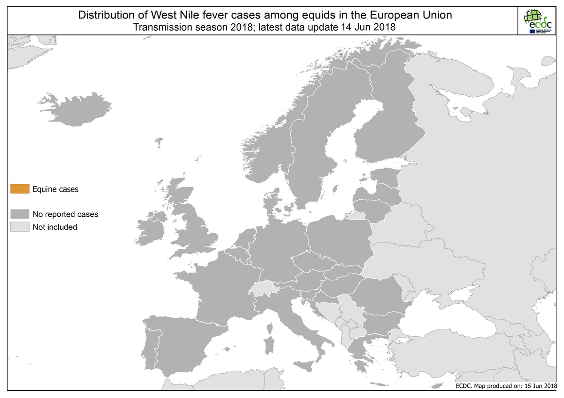 Map: West Nile fever in Europe in 2018 - equine cases; updated 14 June