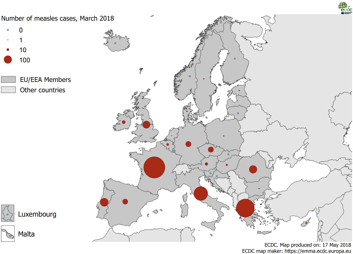 Distribution of measles cases by country, March 2018 in EU/EEA countries