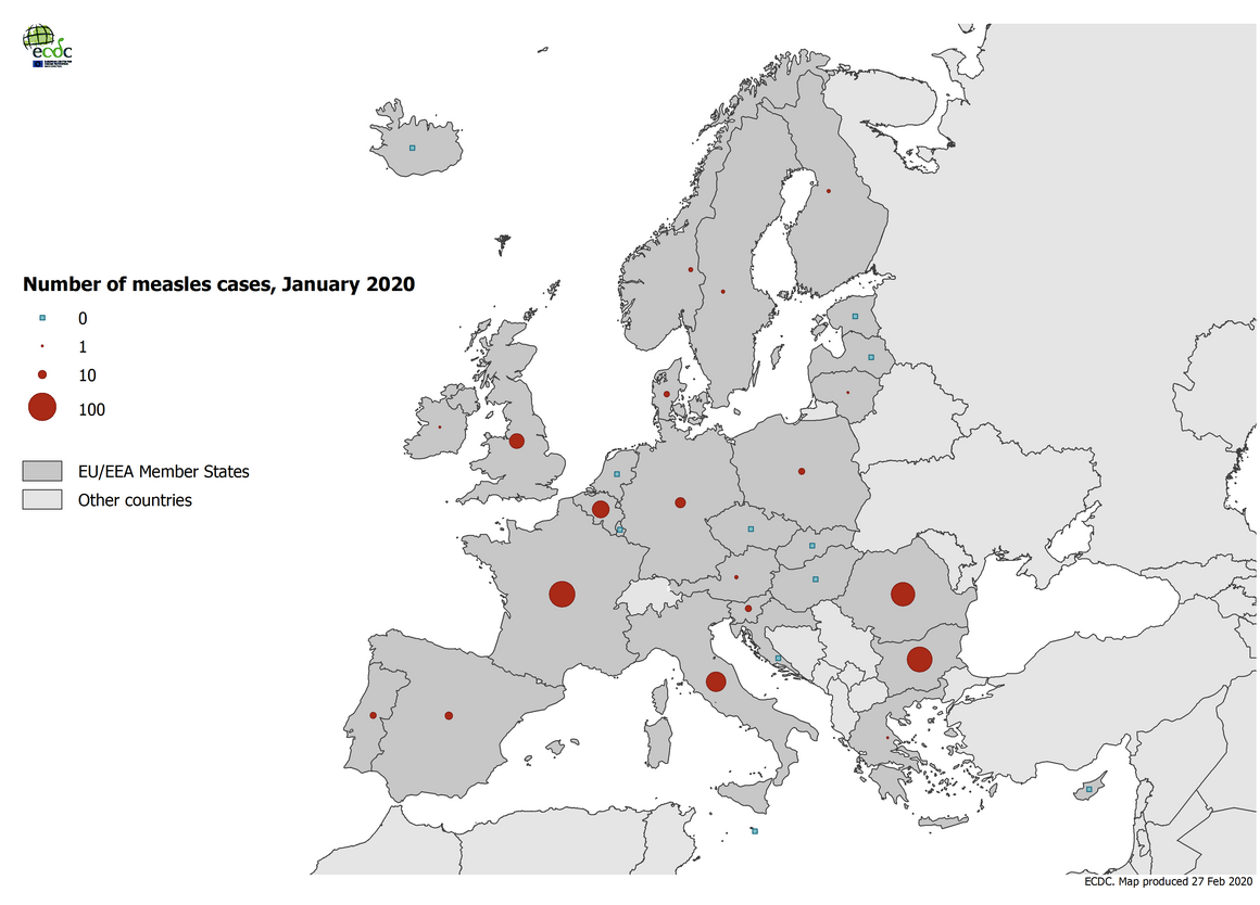 Number of measles cases by country, EU/EEA, January 2020 (n=417)