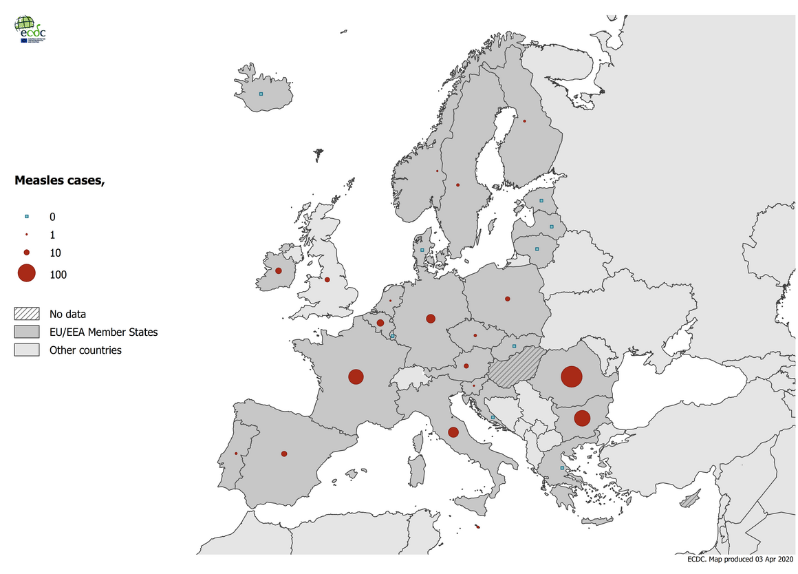 Number of measles cases by country, EU/EEA and the United Kingdom, February 2020 (n=436)