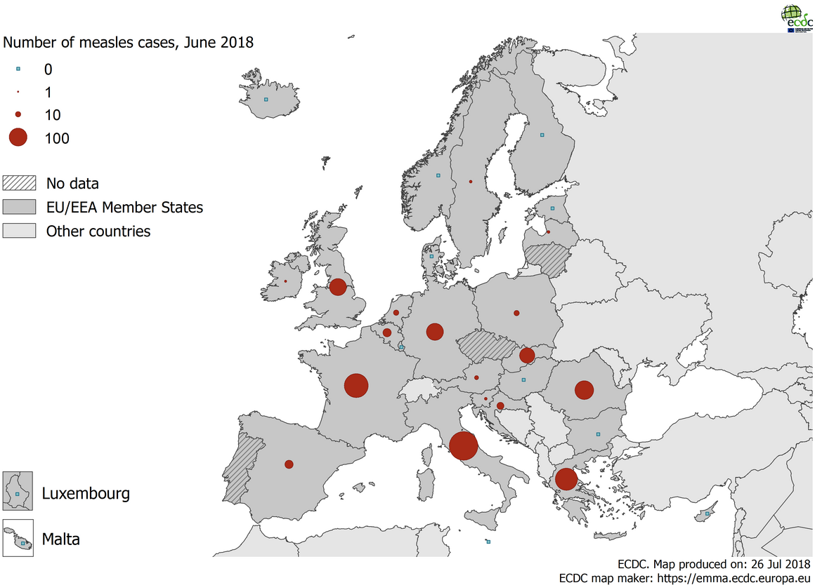 Map showing number of measles cases by country, EU/EEA, June 2018