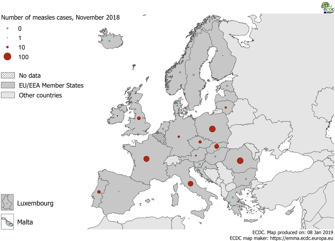 Number of measles cases by country, EU/EEA, November 2018 (n=385)