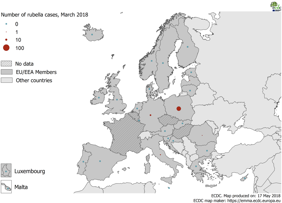 Distribution of rubella cases by country, February 2018 in EU/EEA countries