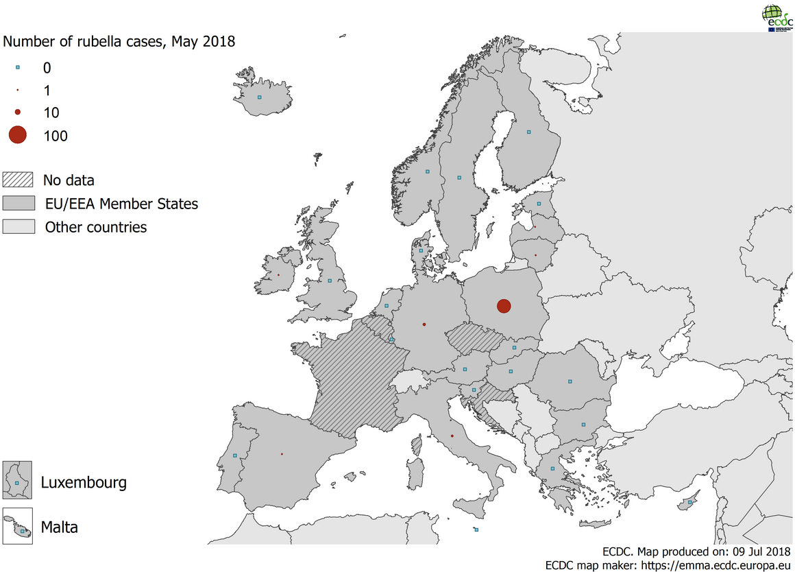 Distribution of rubella cases by country, May 2018 in EU/EEA countries