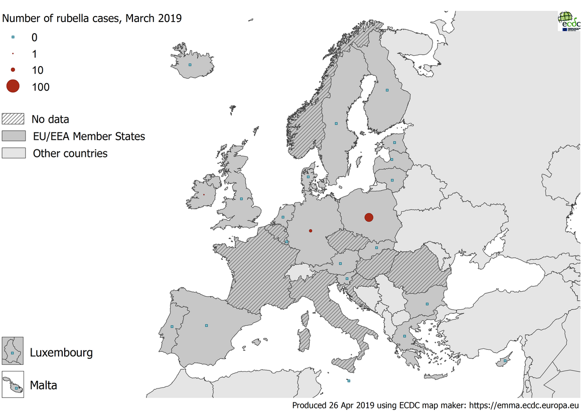 Number of rubella cases by country, EU/EEA, March 2019 (n=51)