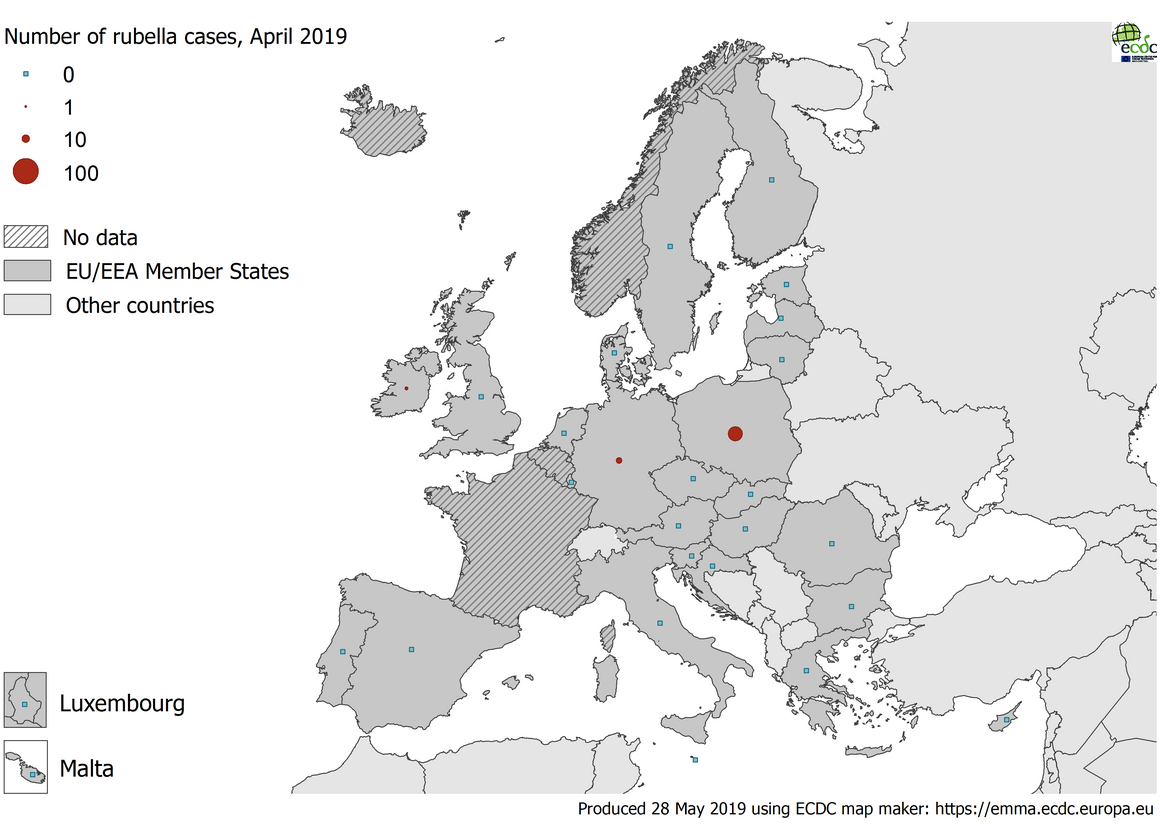 Number of rubella cases by country, EU/EEA, April 2019 (n=39)