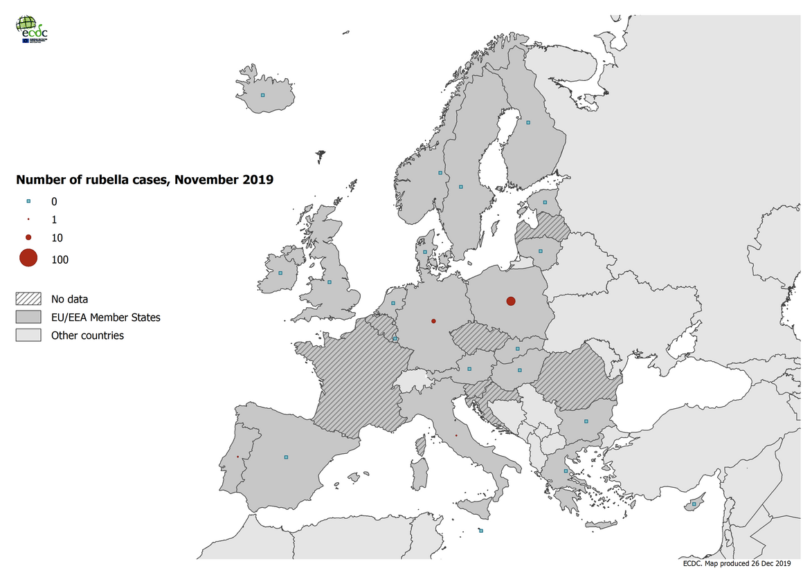 Number of rubella cases by country, EU/EEA, November 2019 (n=31)