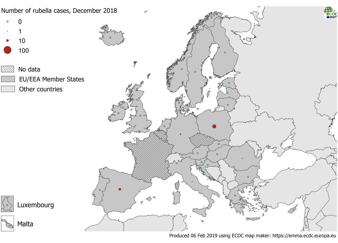 Number of rubella cases by country, EU/EEA, December 2018 (n=39)
