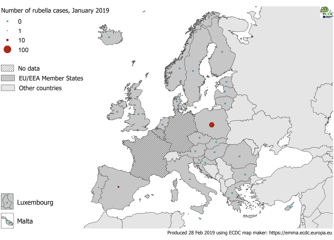 Number of rubella cases by country, EU/EEA, January 2019 (n=56)