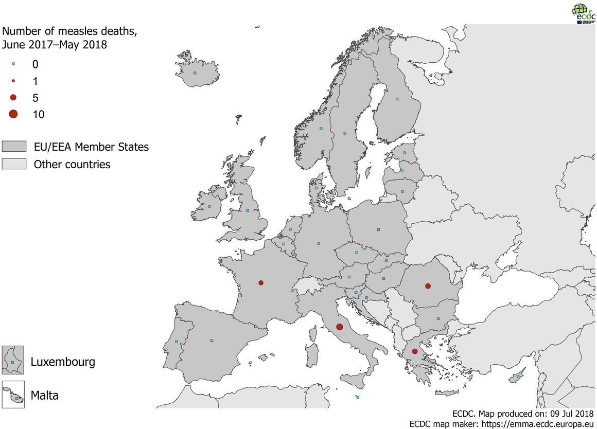 Distribution of measles deaths by country, June 2017–May 2018, EU/EEA countries
