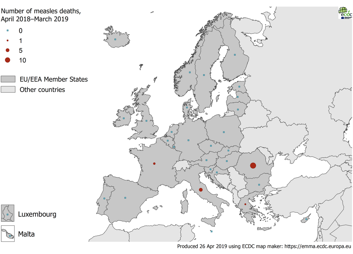 Number of measles deaths by country, EU/EEA, 1 April 2018 to 31 March 2019 (n=22)