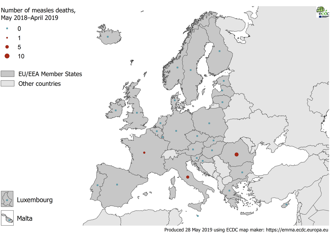Number of measles deaths by country, EU/EEA, 1 May 2018–30 April 2019 (n=13)