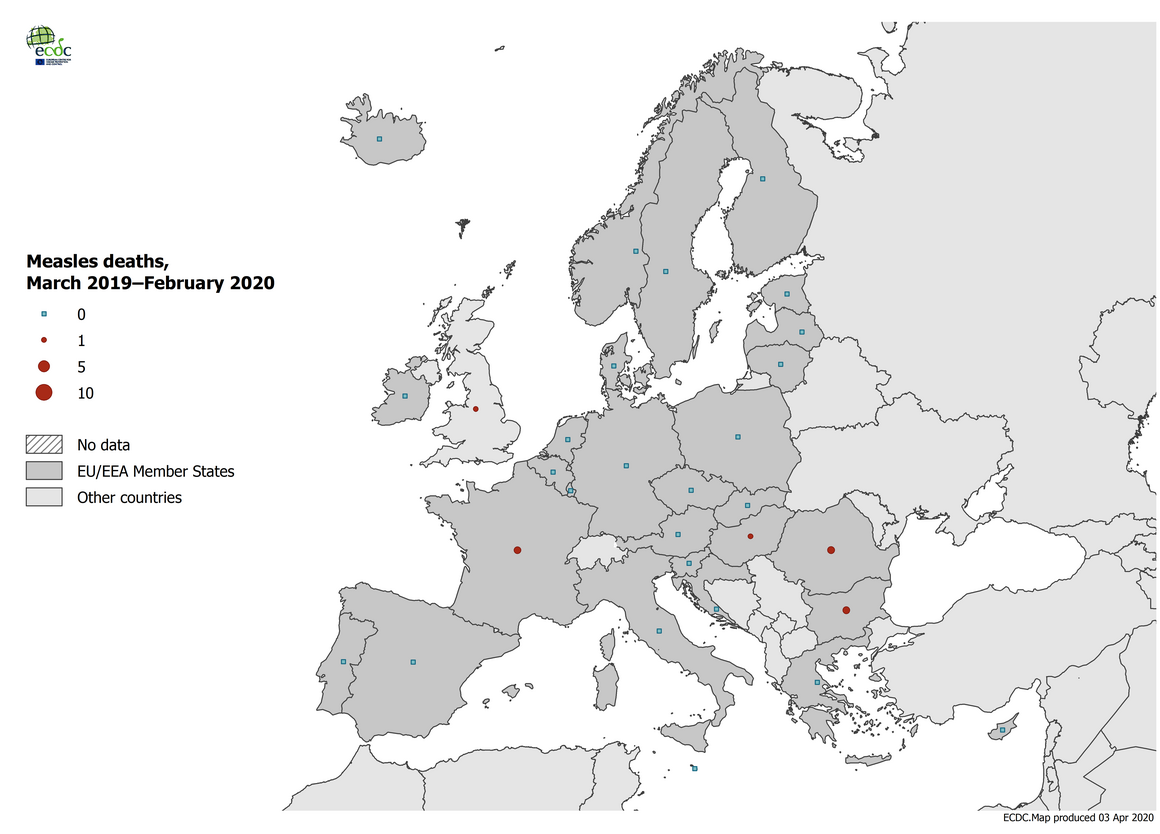 Number of measles deaths by country, EU/EEA and the UK, 1 March 2019–29 February 2020 (n=8)