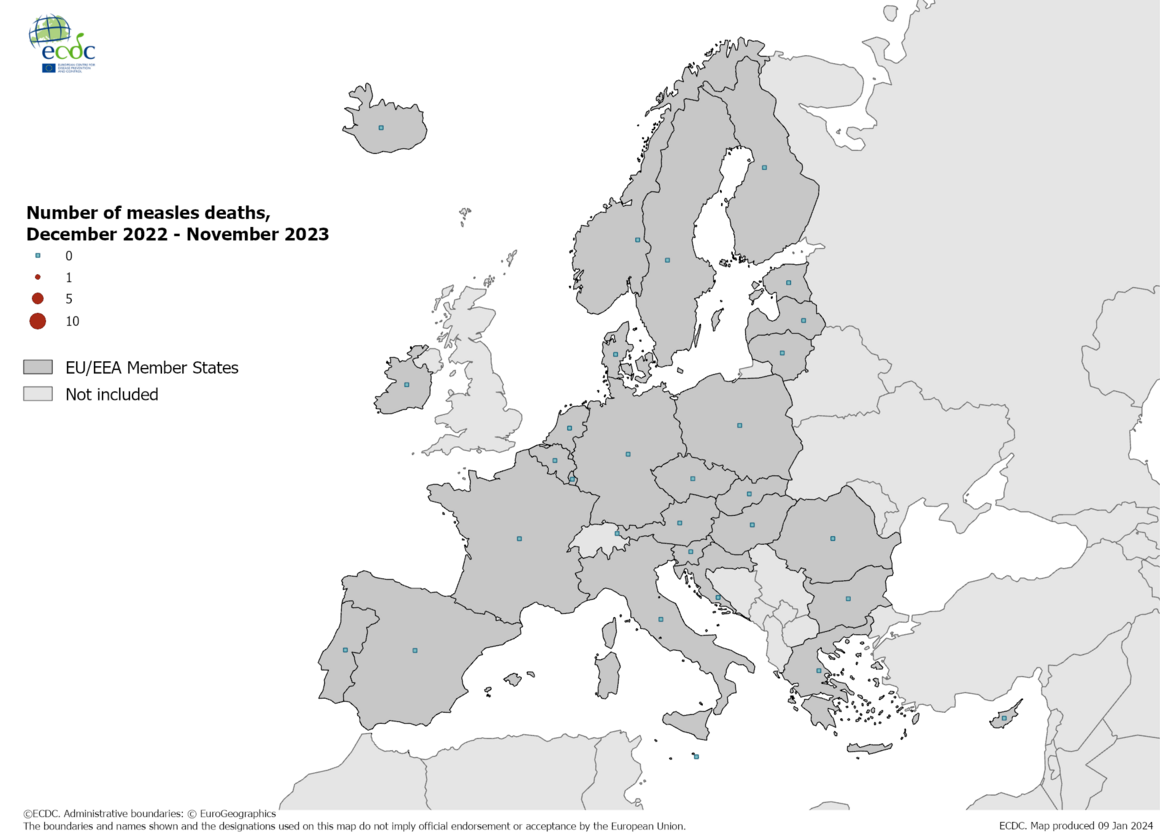 Number of measles deaths by country, December 2022 - November 2023