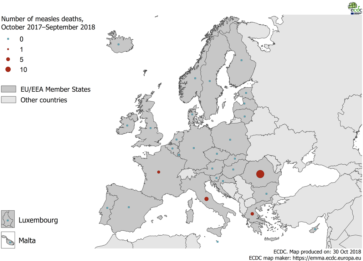  Number of measles deaths by country, EU/EEA, 1 October 2017 to 30 September 2018 (n=37) 