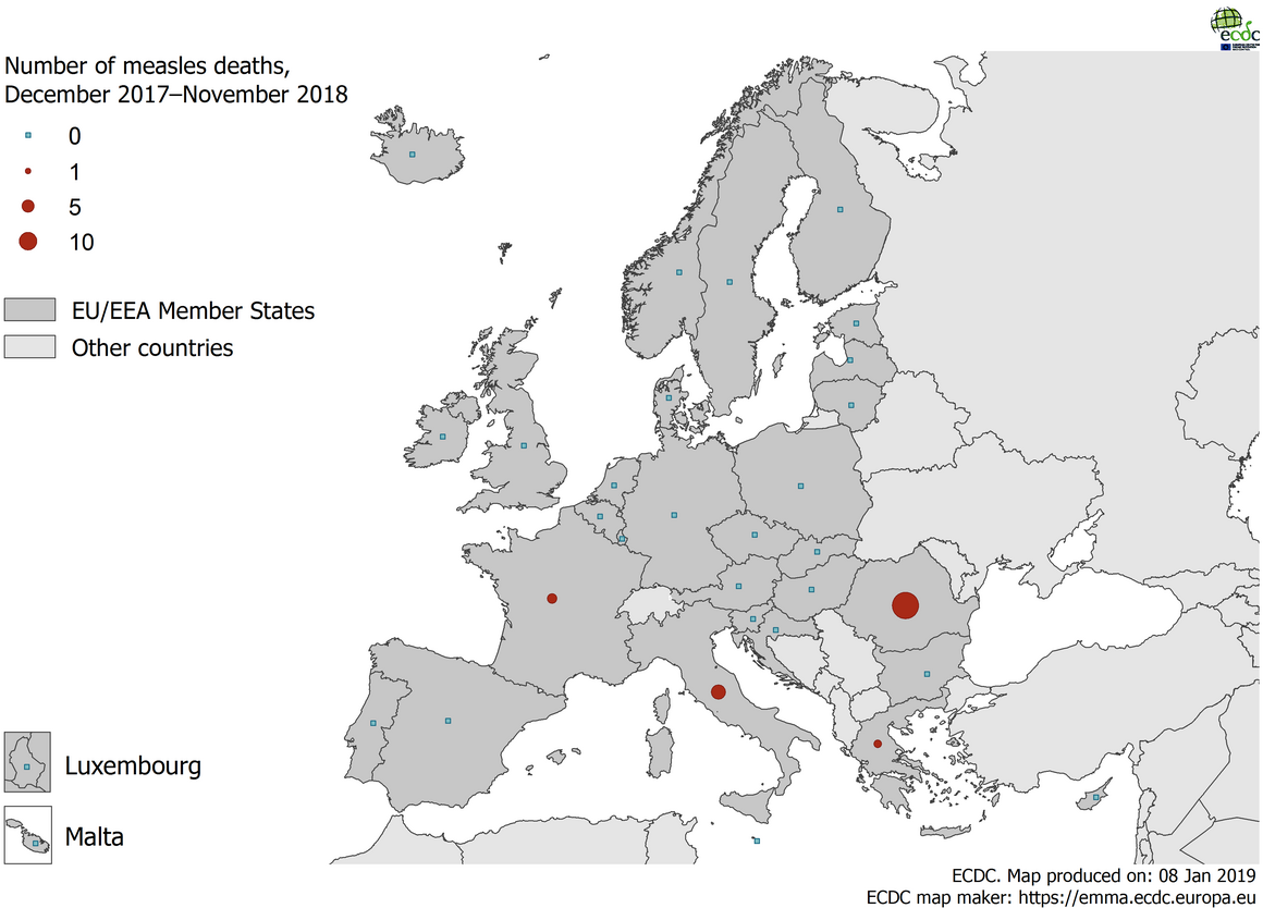Number of measles deaths by country, EU/EEA, 1 December 2017 to 30 November 2018 (n=35)