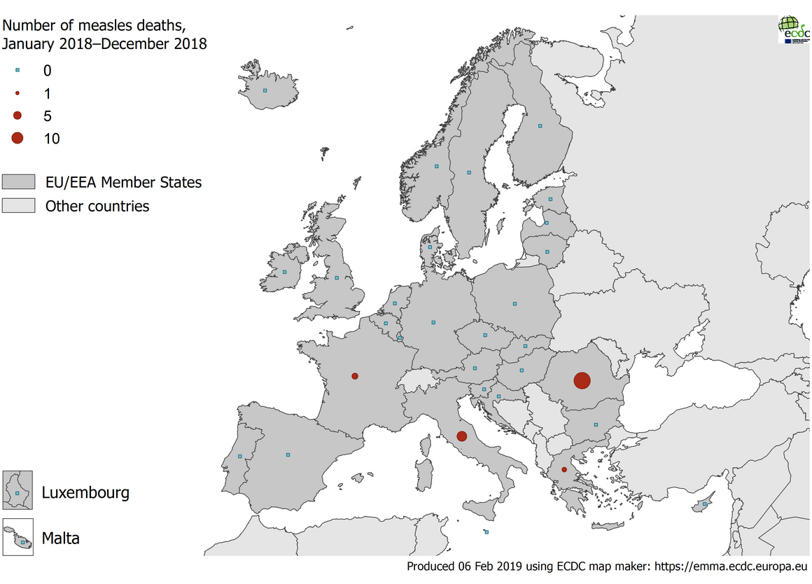 Number of measles deaths by country, EU/EEA, 1 January 2018 to 31 December 2018 (n=34)